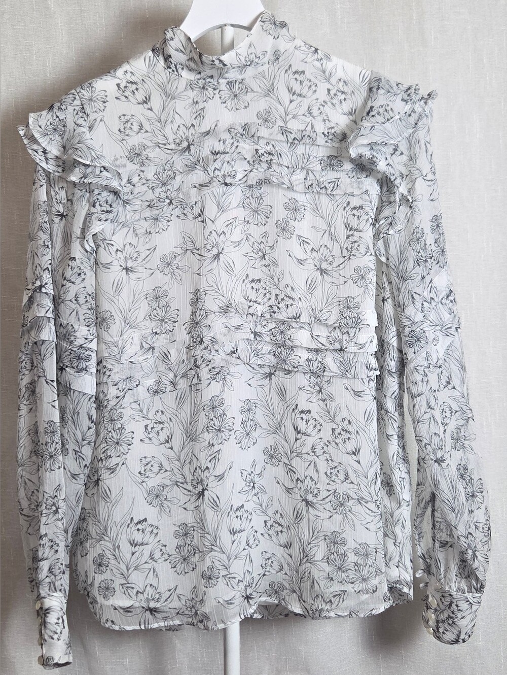 Lauren Ralph Lauren White Floral Ruffle High-Neck Blouse